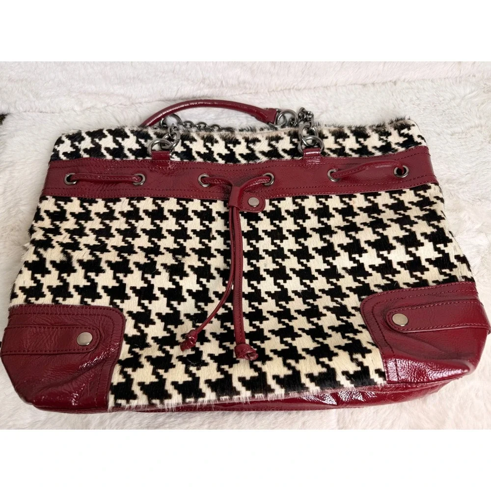 Adrienne Vittadini Houndstooth Faux Calf Hair Burgundy Patent Leather Tote Bag